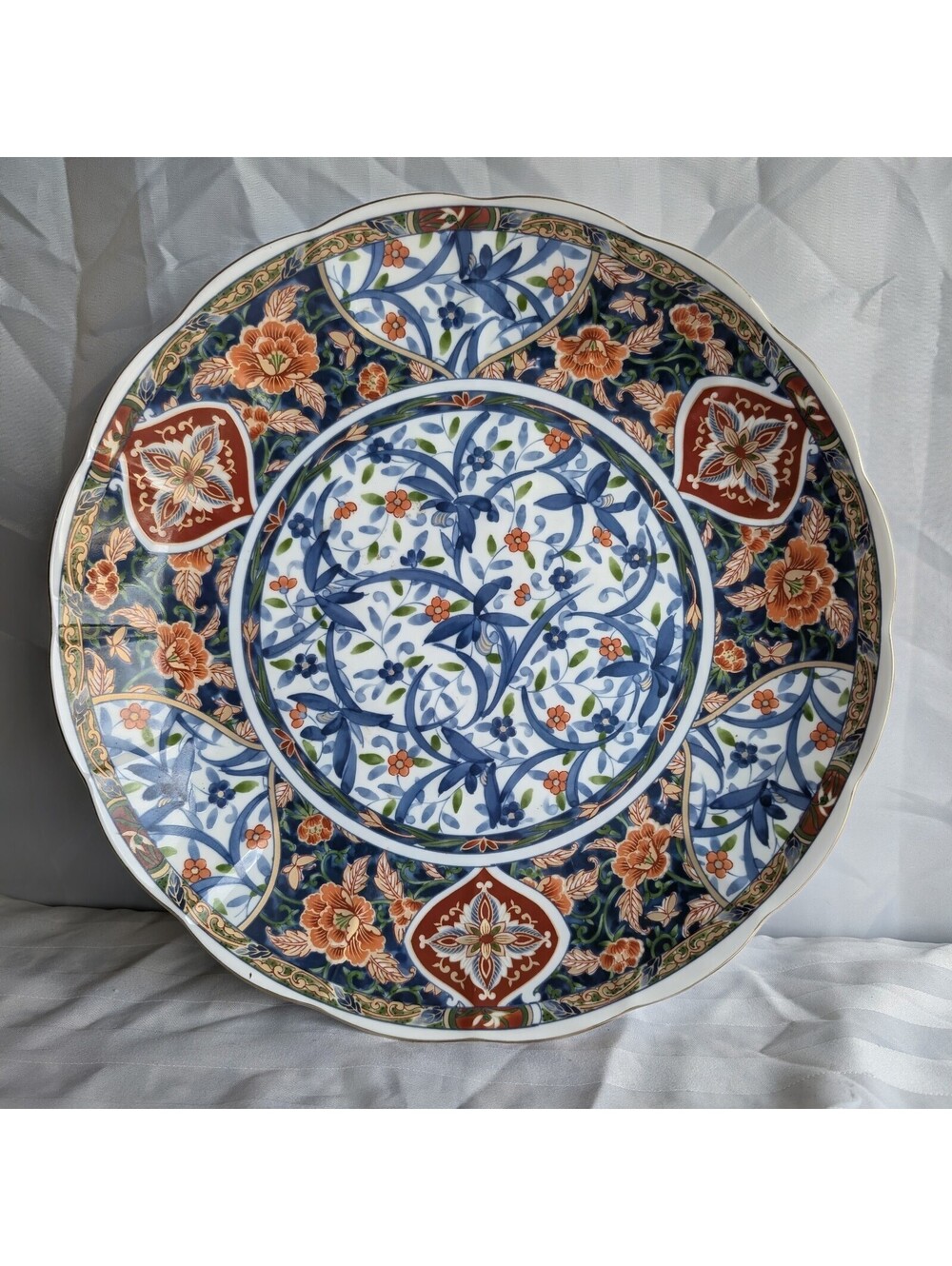 Large 16" Japanese Imari Porcelain Charger Late 19th C Arita Scallop Plate